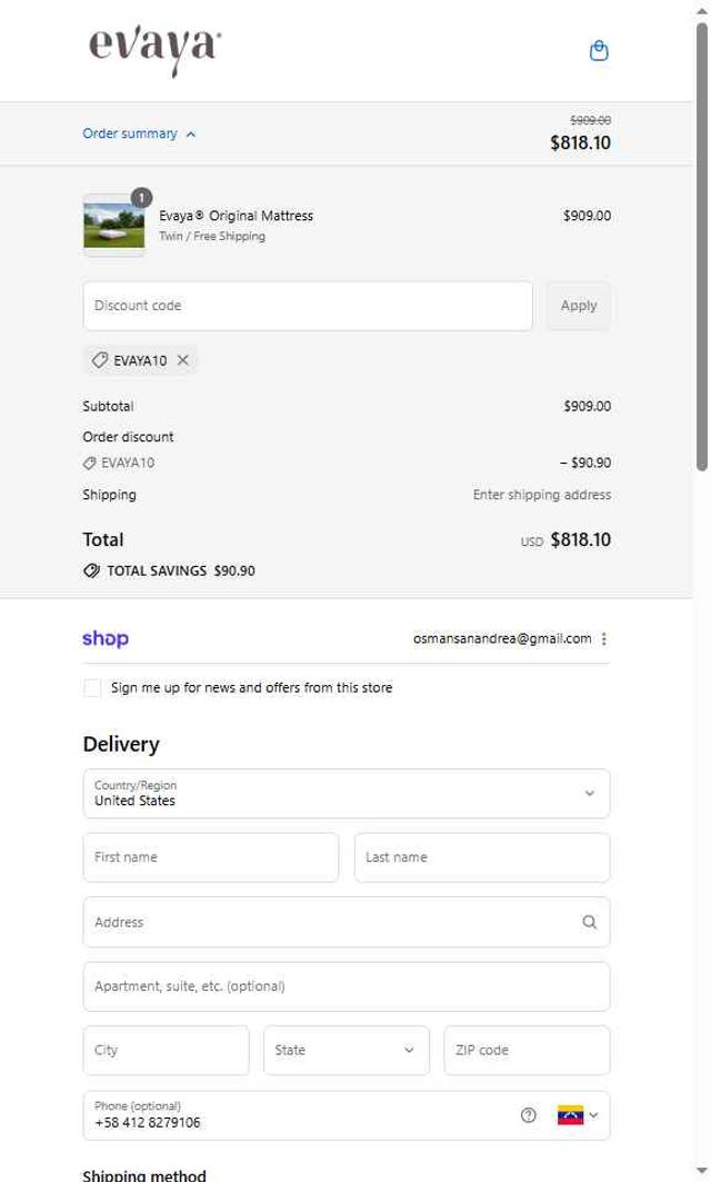 evaya checkout page showing evaya promo code box | Screenshot taken by SimplyCodes community member on Aug 31, 2025