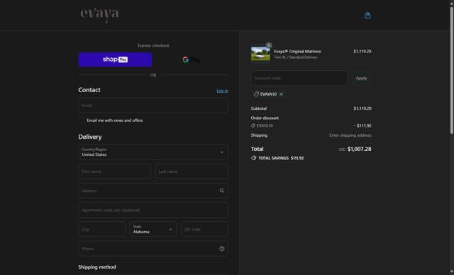 evaya checkout page showing evaya promo code box | Screenshot taken by SimplyCodes community member on Aug 2, 2025