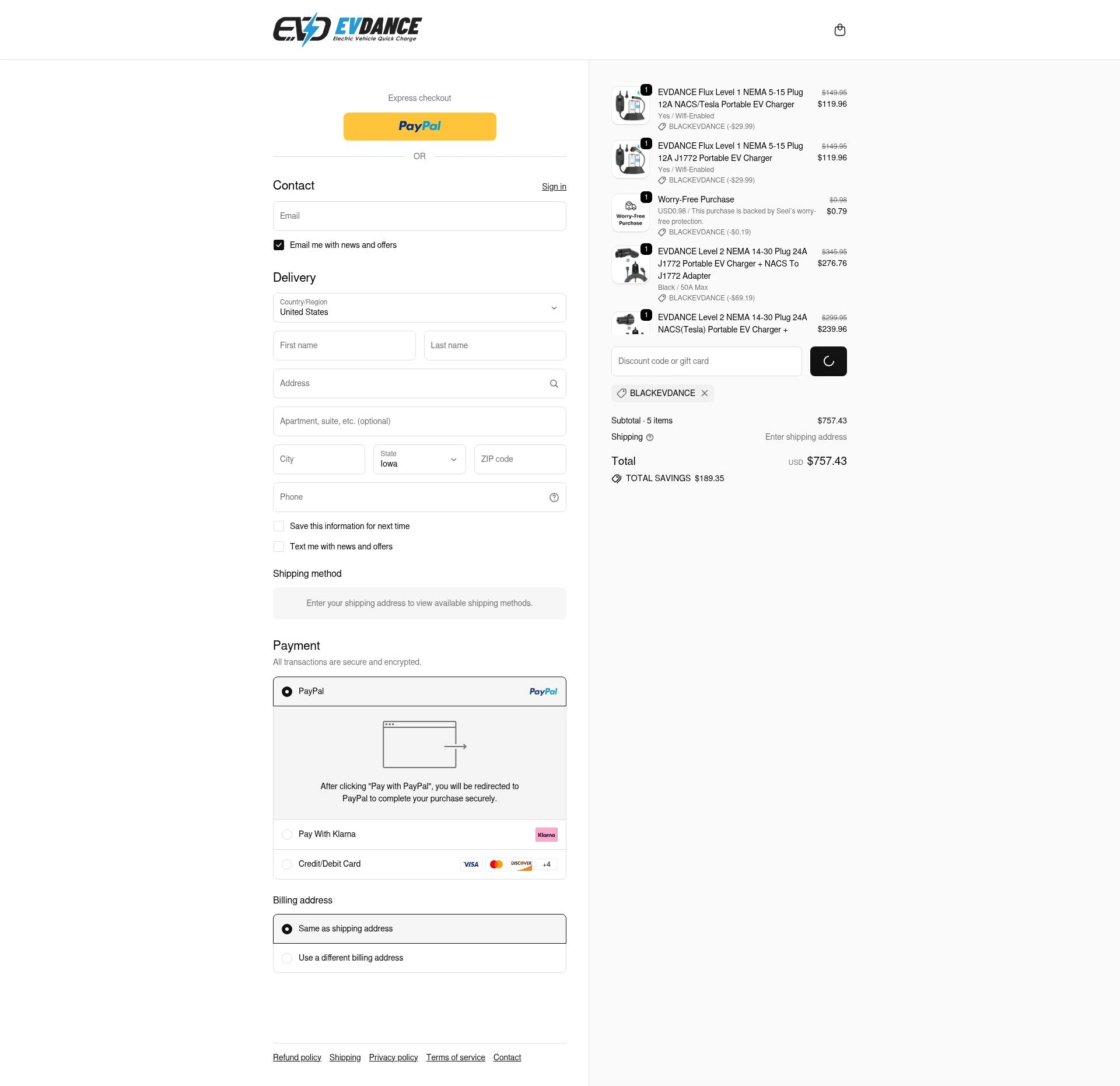 EVDANCE checkout page showing EVDANCE promo code box | Screenshot taken by SimplyCodes community member on Jan 8, 2026