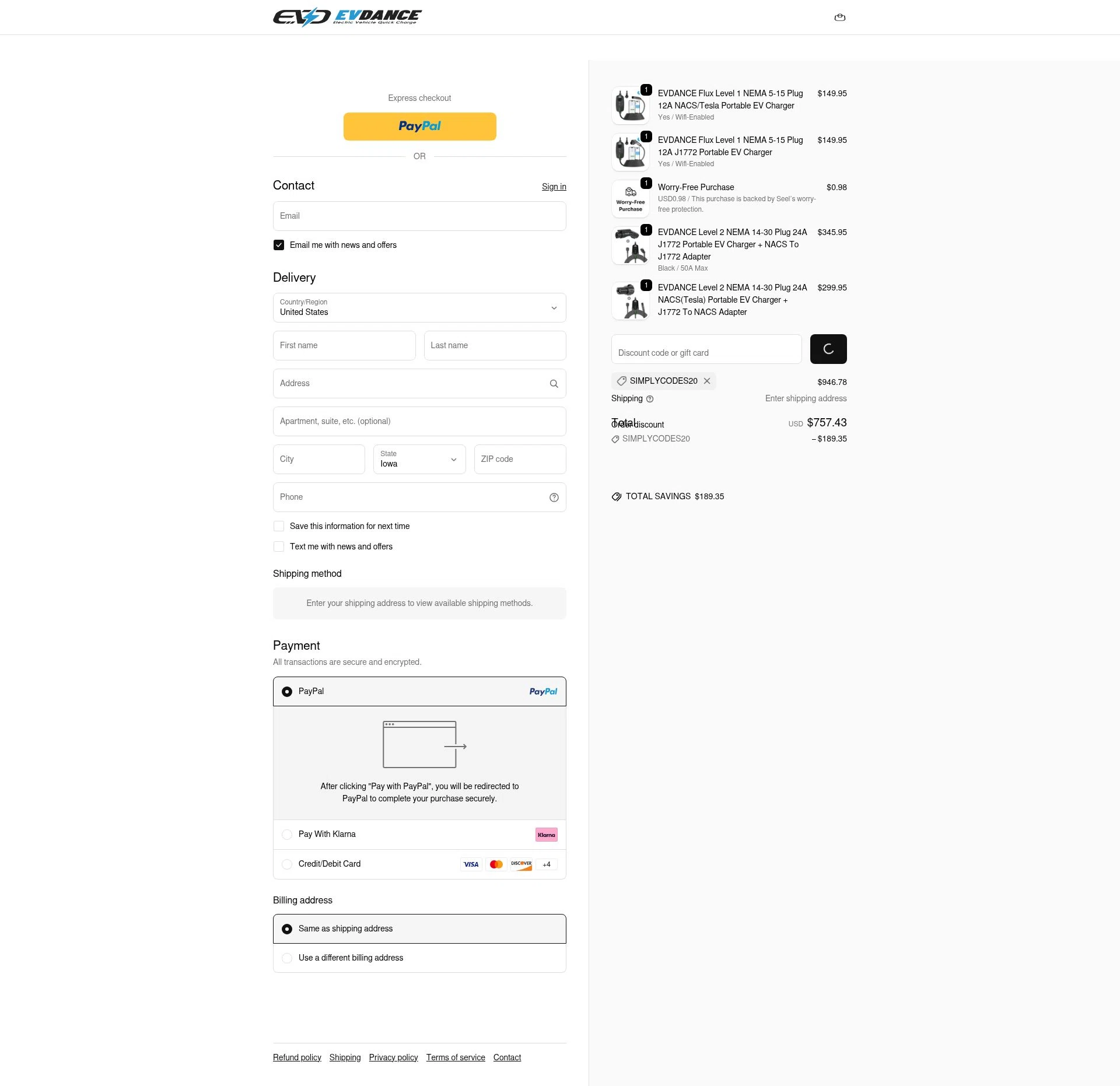 EVDANCE checkout page showing EVDANCE promo code box | Screenshot taken by SimplyCodes community member on Jan 8, 2026