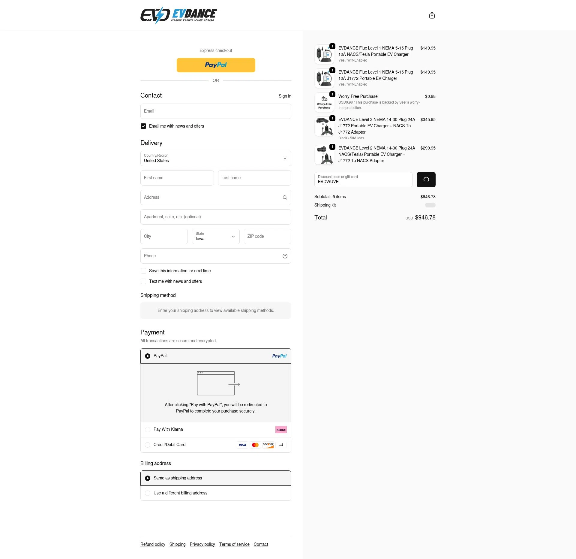 EVDANCE checkout page showing EVDANCE promo code box | Screenshot taken by SimplyCodes community member on Jan 8, 2026