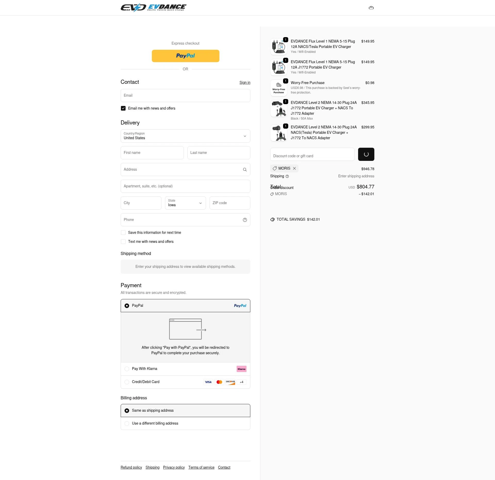 EVDANCE checkout page showing EVDANCE promo code box | Screenshot taken by SimplyCodes community member on Jan 8, 2026