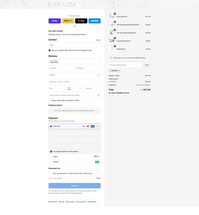 EVE LOM checkout page showing EVE LOM discount code box | Screenshot taken by SimplyCodes community member on Sep 14, 2025