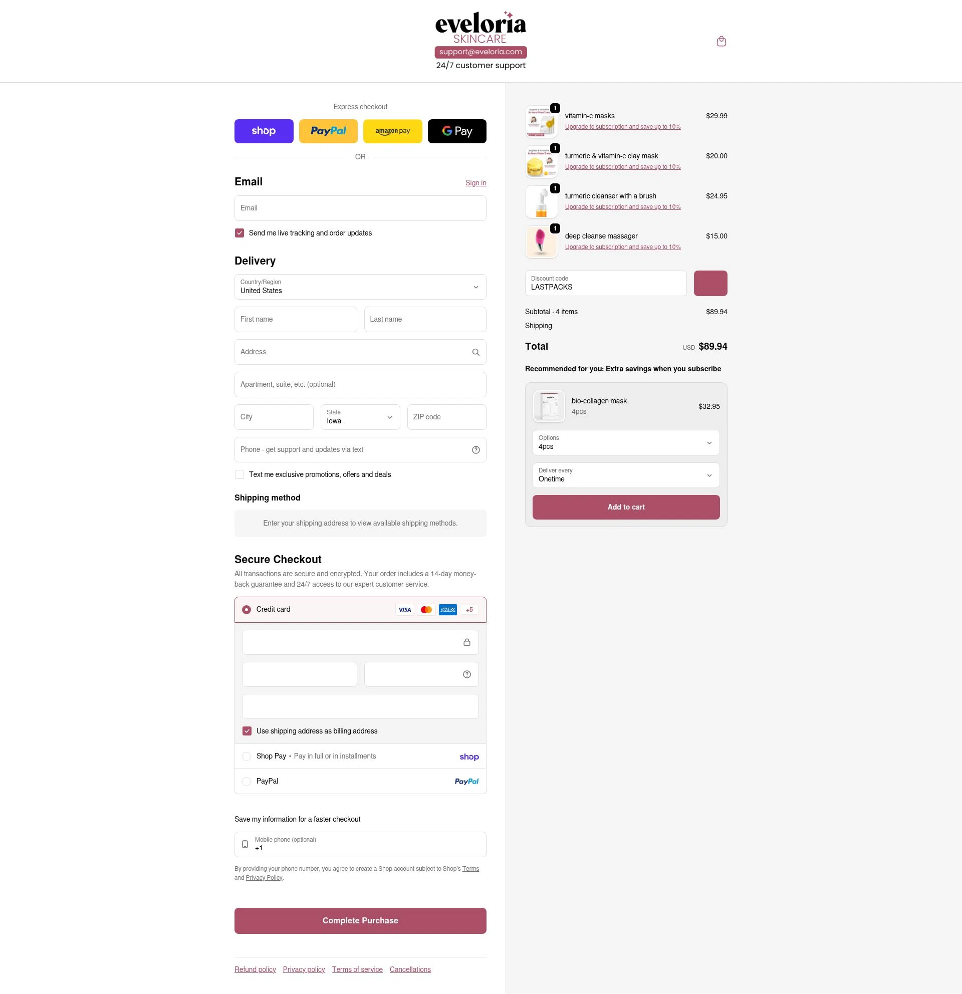 Eveloria checkout page showing Eveloria discount code box | Screenshot taken by SimplyCodes community member on Feb 20, 2026