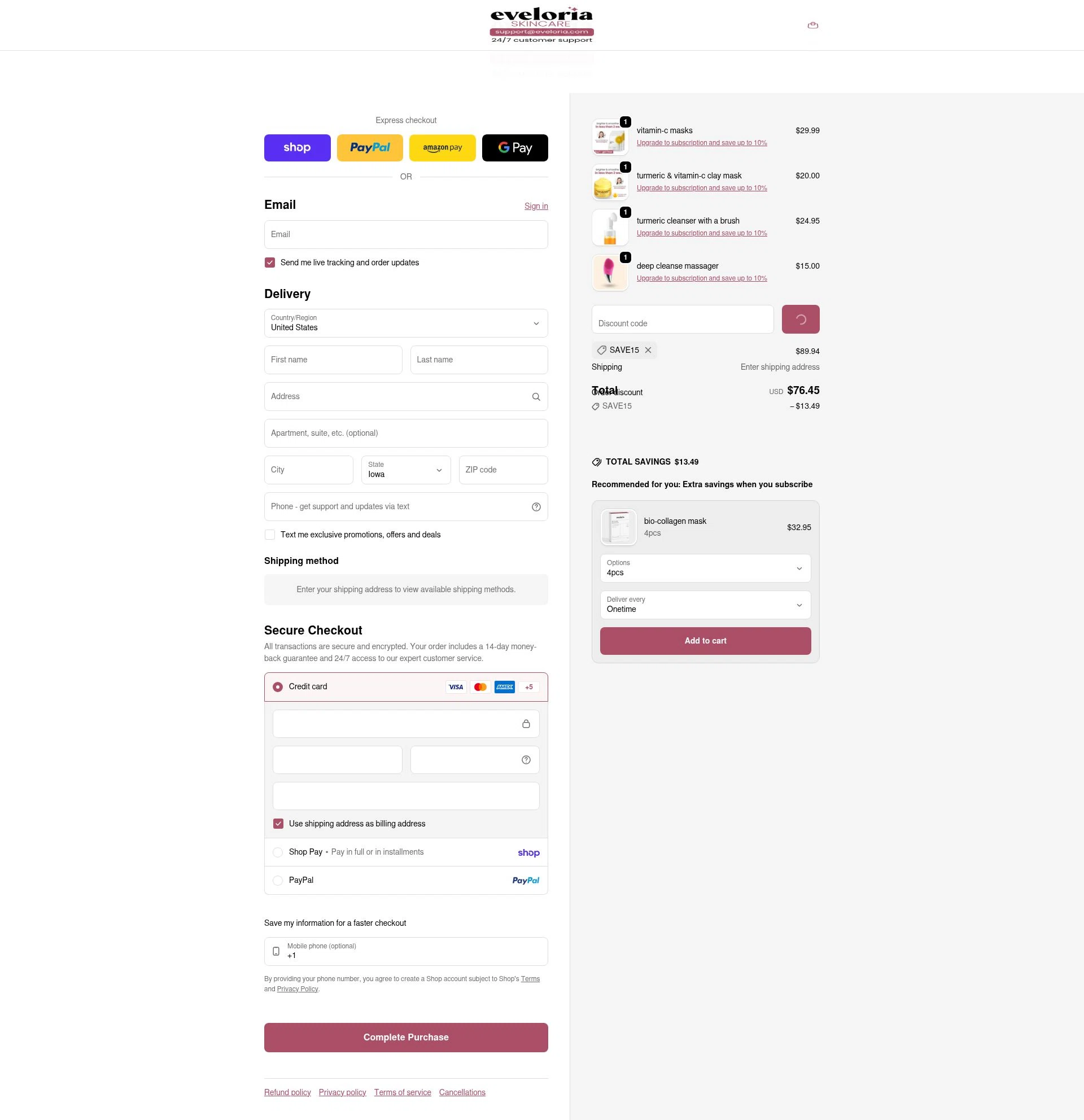 Eveloria checkout page showing Eveloria discount code box | Screenshot taken by SimplyCodes community member on Feb 20, 2026