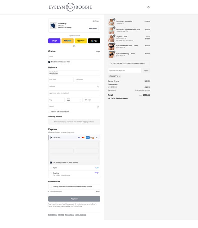 Evelyn & Bobbie checkout page showing Evelyn & Bobbie discount code box | Screenshot taken by SimplyCodes community member on Sep 2, 2025