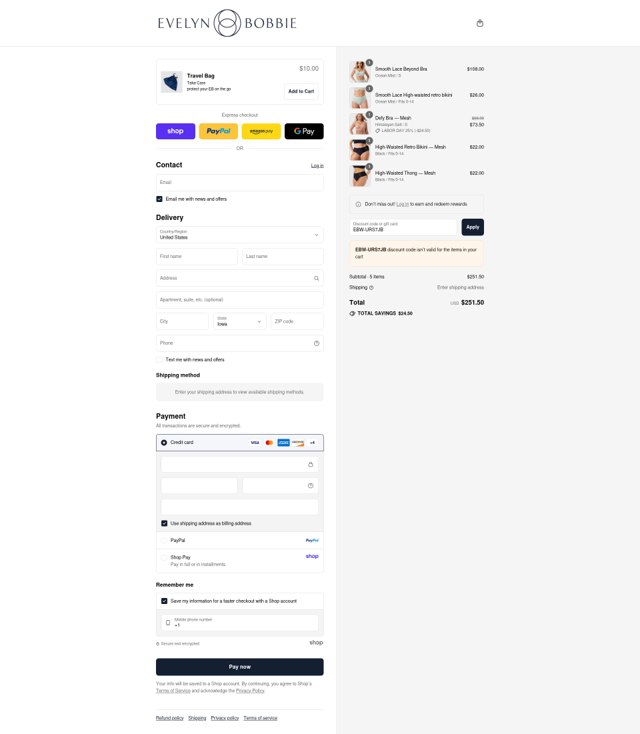 Evelyn & Bobbie checkout page showing Evelyn & Bobbie discount code box | Screenshot taken by SimplyCodes community member on Sep 2, 2025