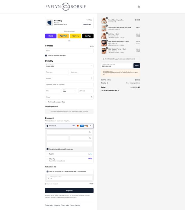 Evelyn & Bobbie checkout page showing Evelyn & Bobbie discount code box | Screenshot taken by SimplyCodes community member on Aug 29, 2025