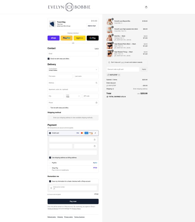 Evelyn & Bobbie checkout page showing Evelyn & Bobbie discount code box | Screenshot taken by SimplyCodes community member on Aug 29, 2025