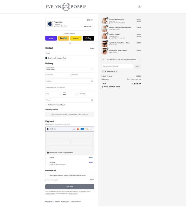 Evelyn & Bobbie checkout page showing Evelyn & Bobbie discount code box | Screenshot taken by SimplyCodes community member on Sep 2, 2025