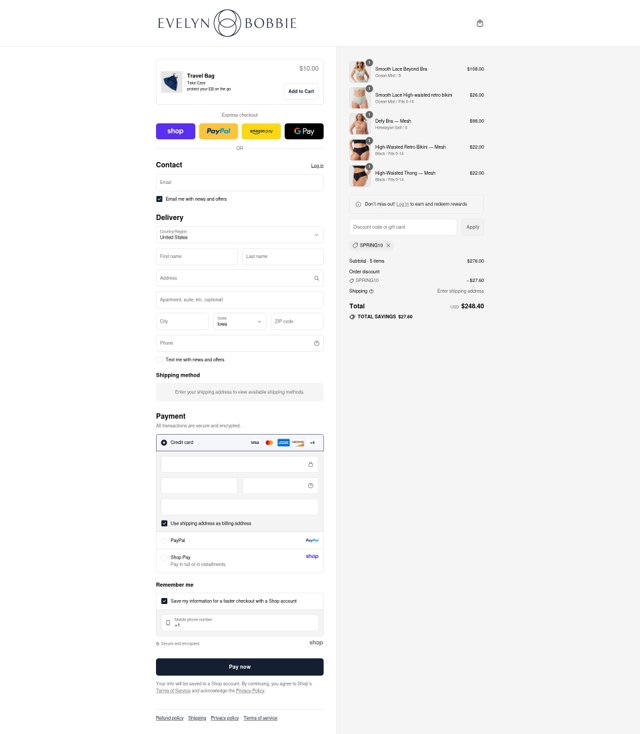 Evelyn & Bobbie checkout page showing Evelyn & Bobbie discount code box | Screenshot taken by SimplyCodes community member on Sep 2, 2025