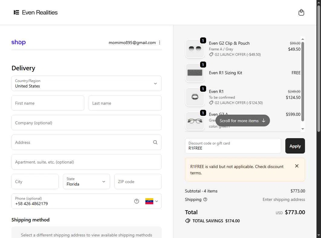 Even Realities checkout page showing Even Realities discount code box | Screenshot taken by SimplyCodes community member on Dec 1, 2025