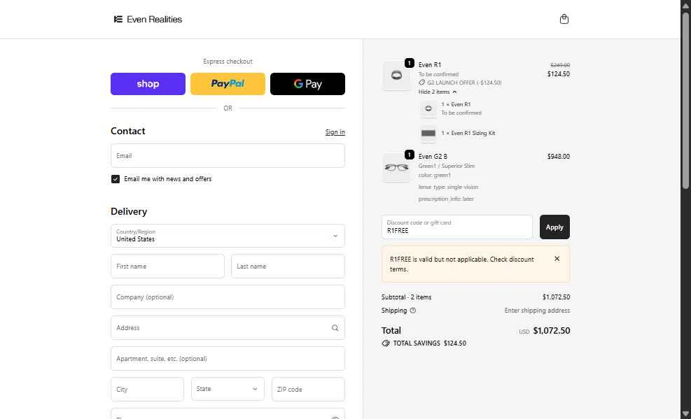 Even Realities checkout page showing Even Realities discount code box | Screenshot taken by SimplyCodes community member on Dec 15, 2025