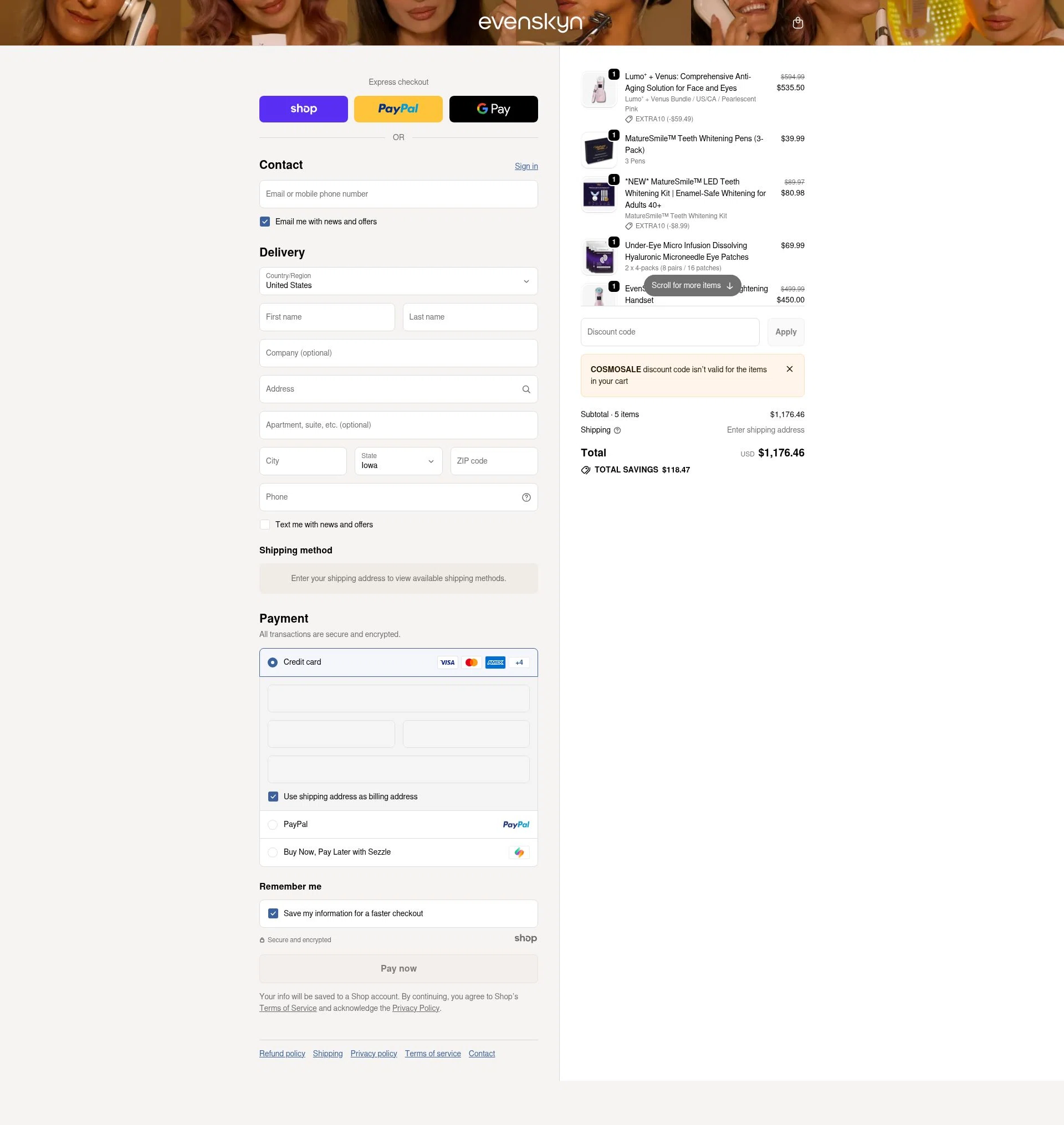 EvenSkyn checkout page showing EvenSkyn discount code box | Screenshot taken by SimplyCodes community member on Dec 27, 2025