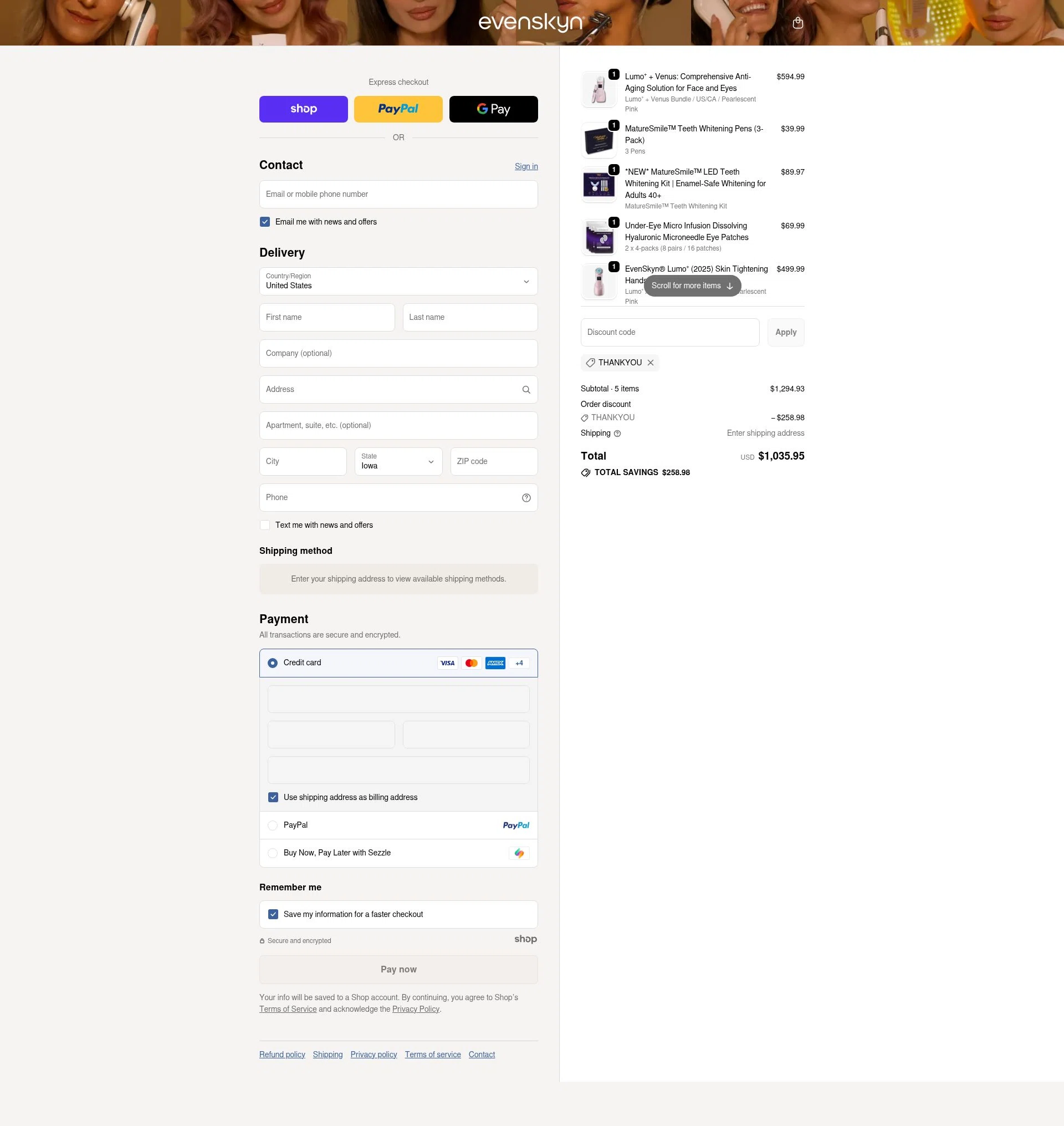 EvenSkyn checkout page showing EvenSkyn discount code box | Screenshot taken by SimplyCodes community member on Dec 22, 2025