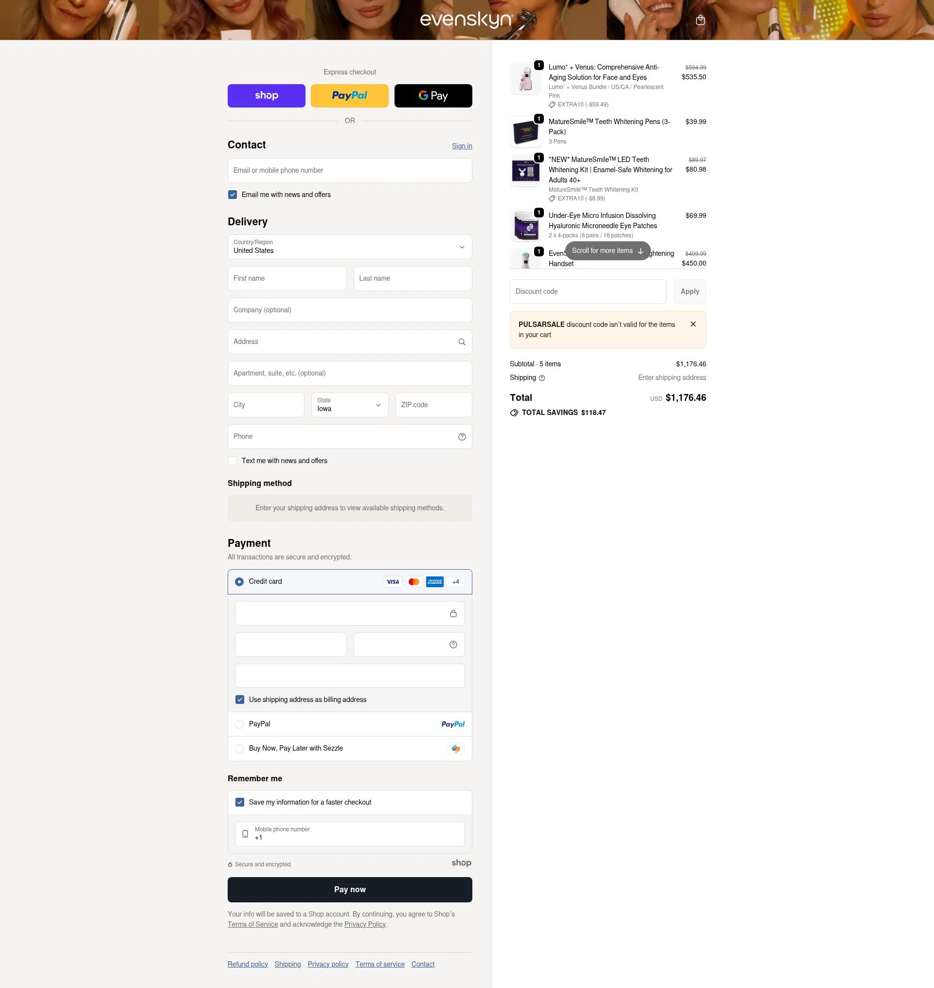 EvenSkyn checkout page showing EvenSkyn discount code box | Screenshot taken by SimplyCodes community member on Dec 27, 2025