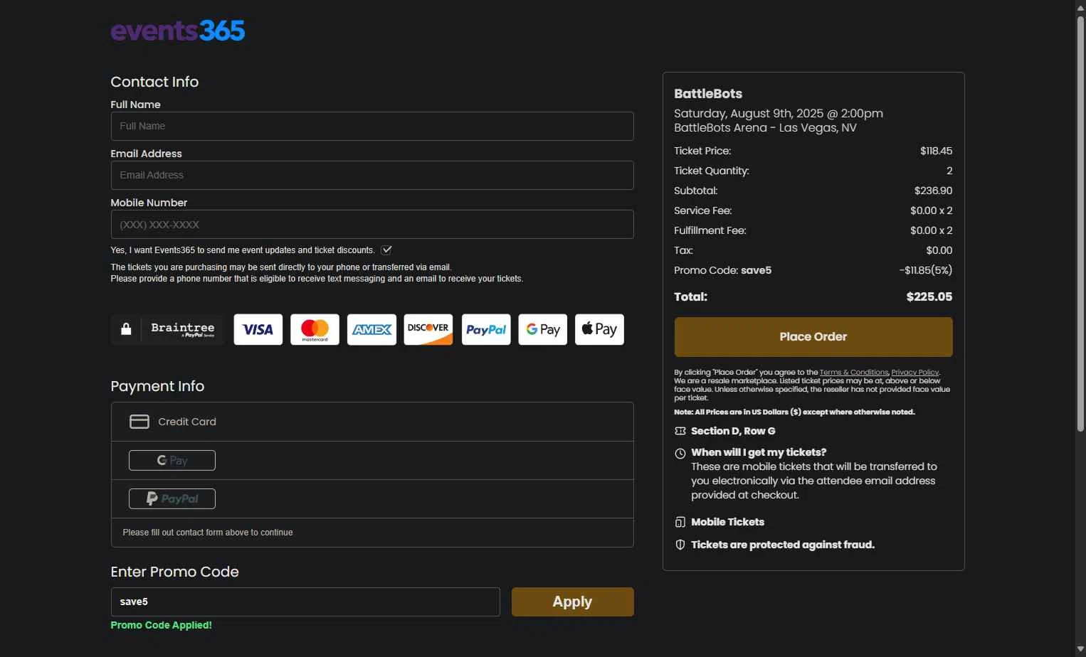 Events365 checkout page showing Events365 promo code box | Screenshot taken by SimplyCodes community member on Aug 8, 2025