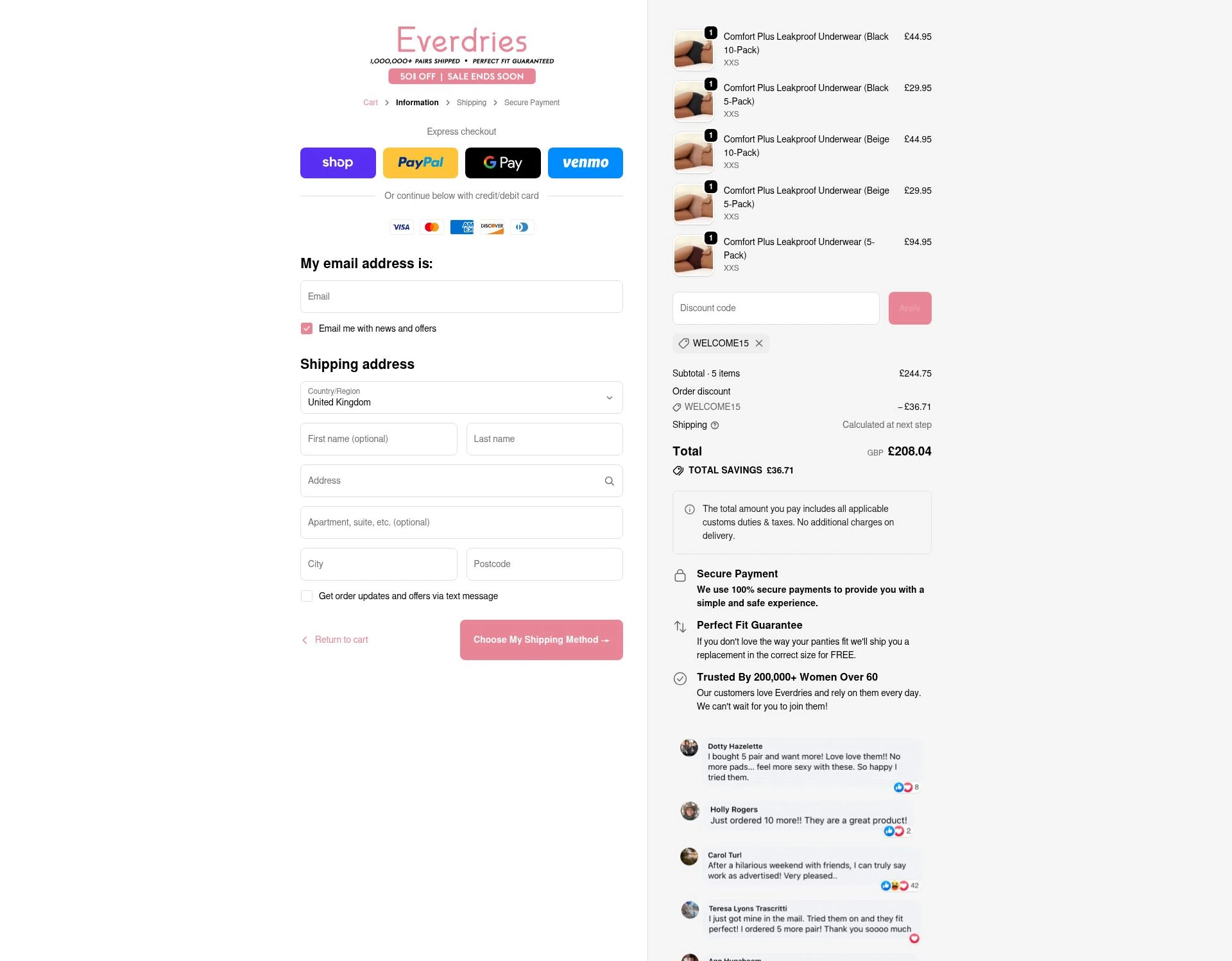 Everdries checkout page showing Everdries discount code box | Screenshot taken by SimplyCodes community member on Feb 7, 2026