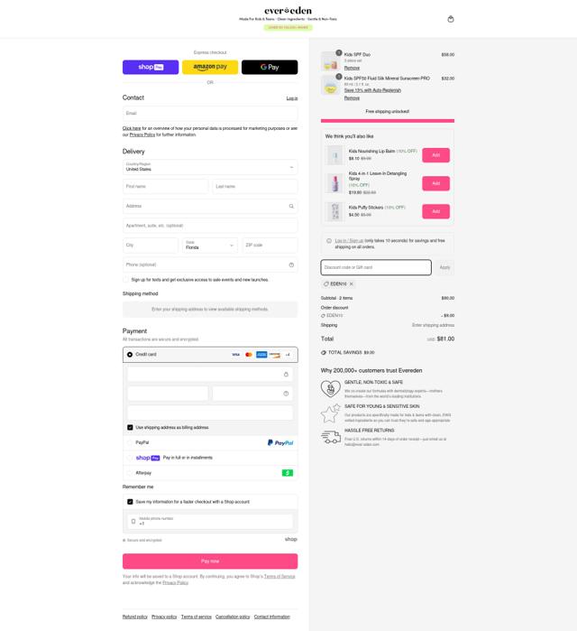 Evereden checkout page showing Evereden promo code box | Screenshot taken by SimplyCodes community member on Jun 19, 2025