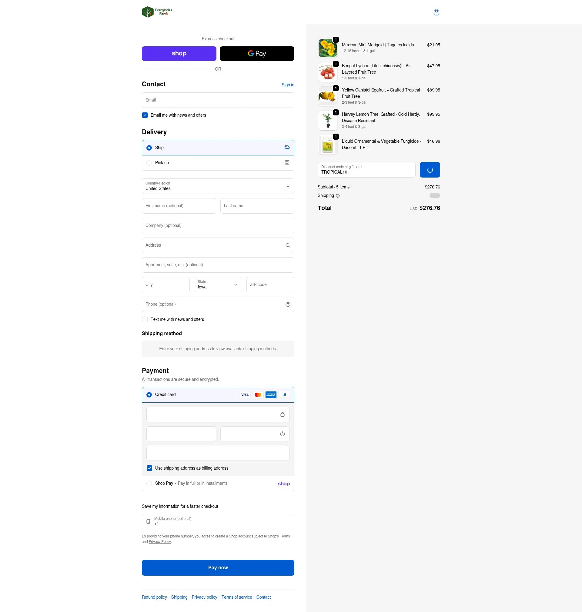 Everglades Farm checkout page showing Everglades Farm discount code box | Screenshot taken by SimplyCodes community member on Feb 5, 2026