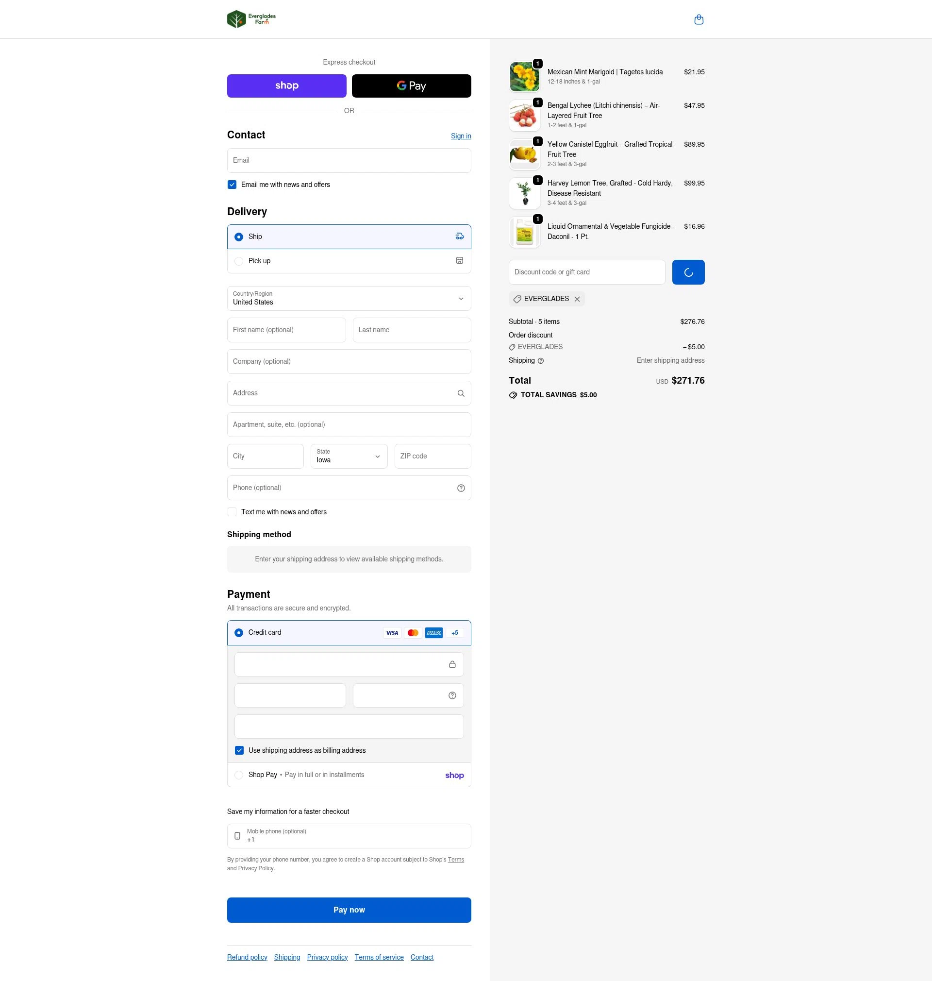 Everglades Farm checkout page showing Everglades Farm discount code box | Screenshot taken by SimplyCodes community member on Feb 5, 2026