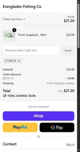 Everglades Fishing Co coupon verification screenshot