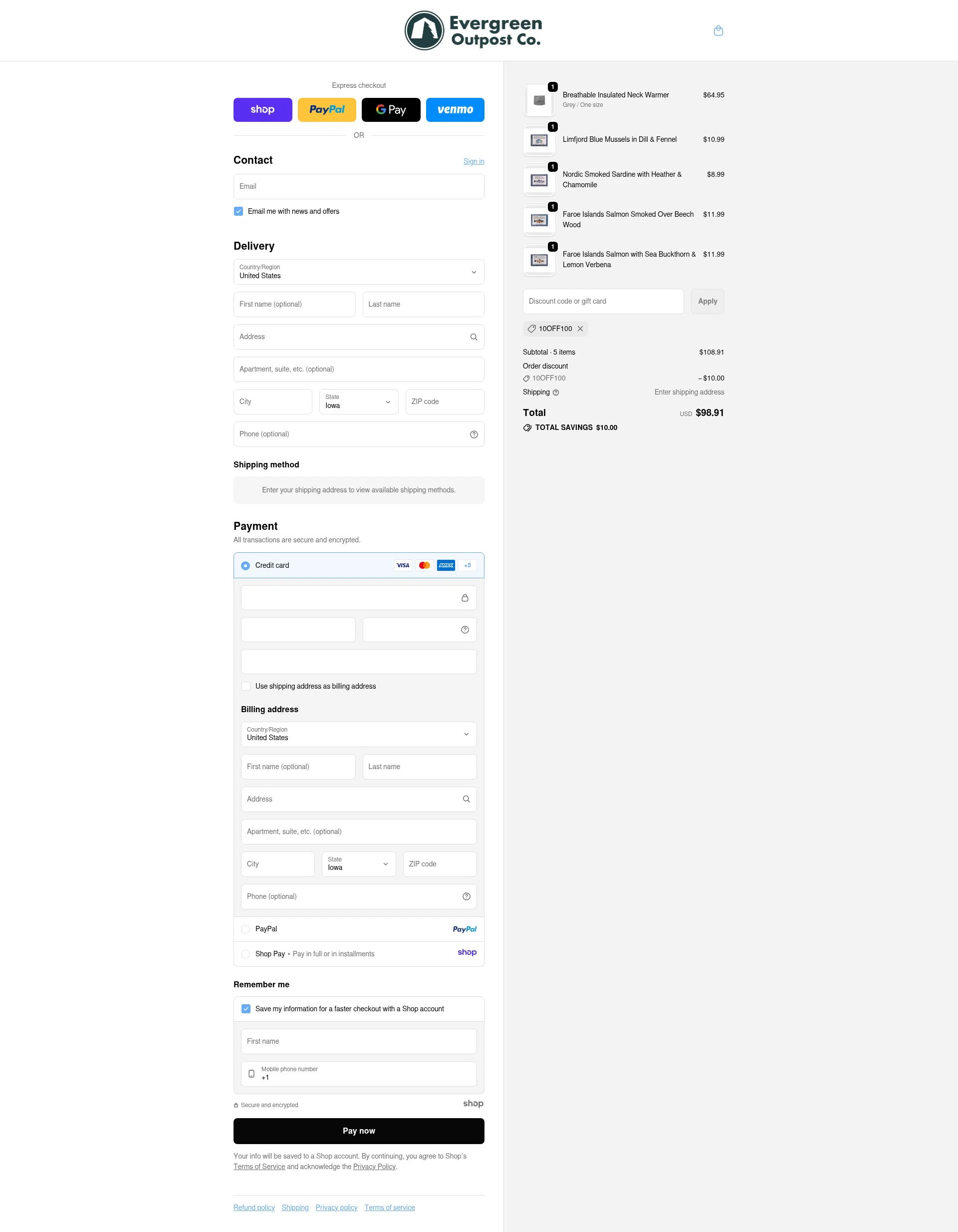 Evergreen Outpost checkout page showing Evergreen Outpost promo code box | Screenshot taken by SimplyCodes community member on Dec 11, 2025