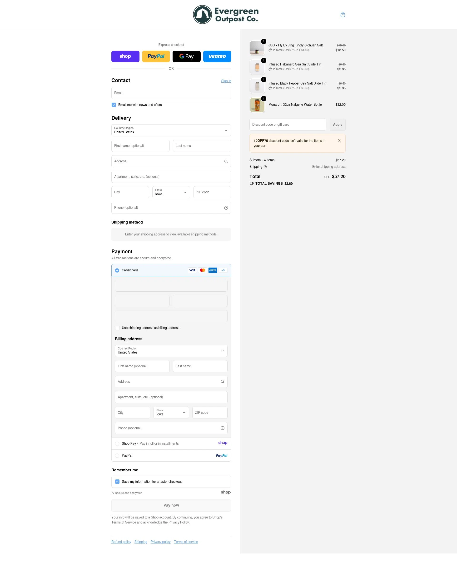 Evergreen Outpost checkout page showing Evergreen Outpost promo code box | Screenshot taken by SimplyCodes community member on Jan 7, 2026