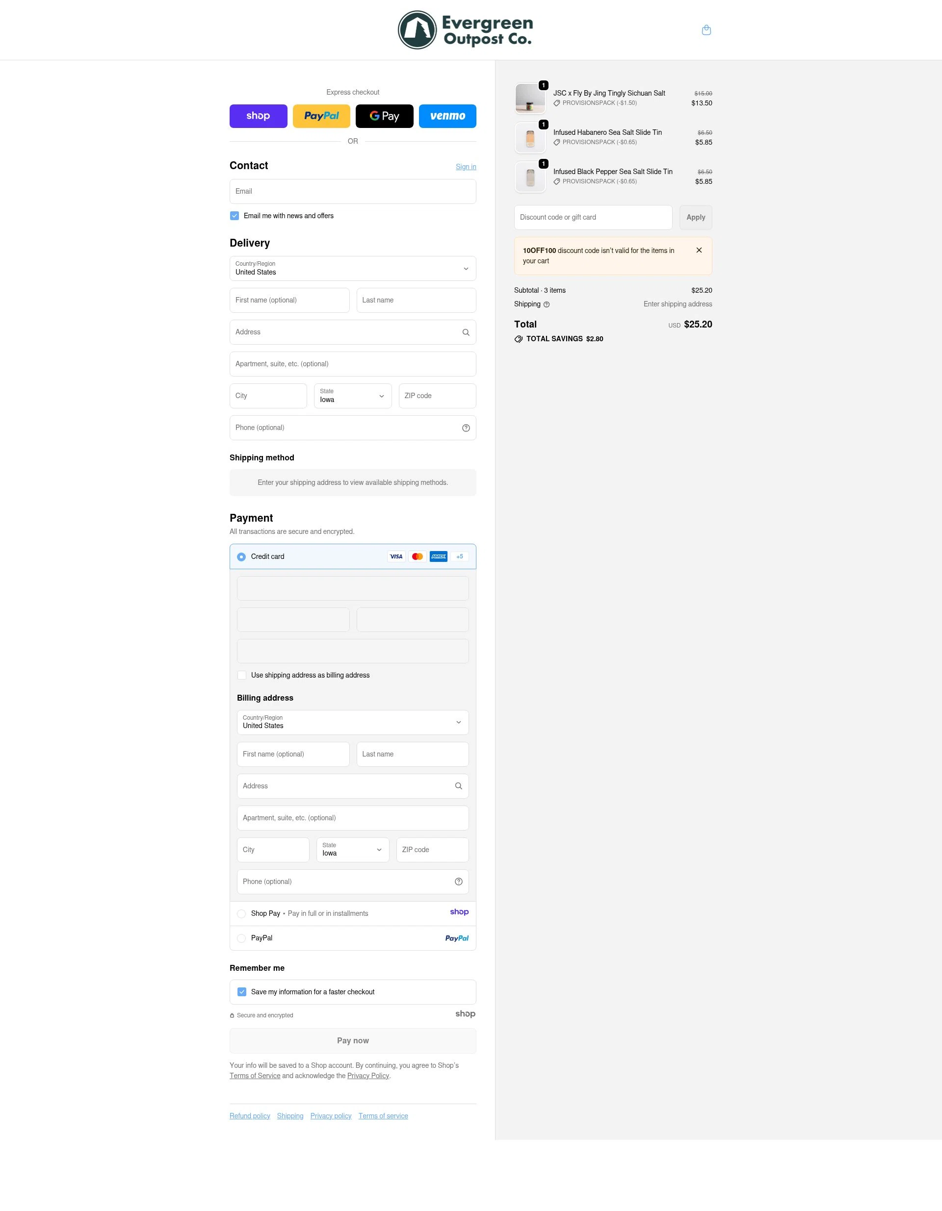 Evergreen Outpost checkout page showing Evergreen Outpost promo code box | Screenshot taken by SimplyCodes community member on Dec 28, 2025