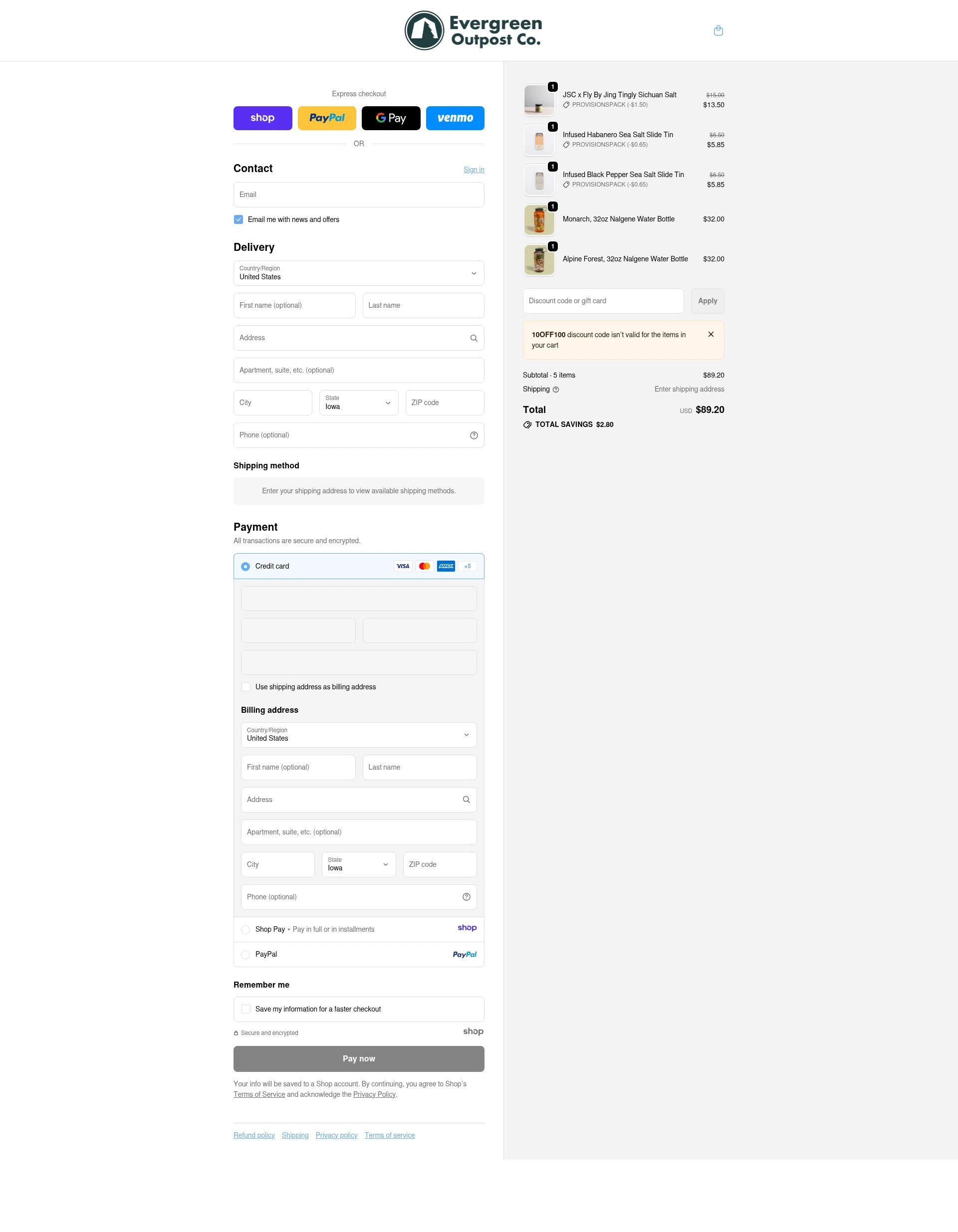 Evergreen Outpost checkout page showing Evergreen Outpost promo code box | Screenshot taken by SimplyCodes community member on Jan 2, 2026