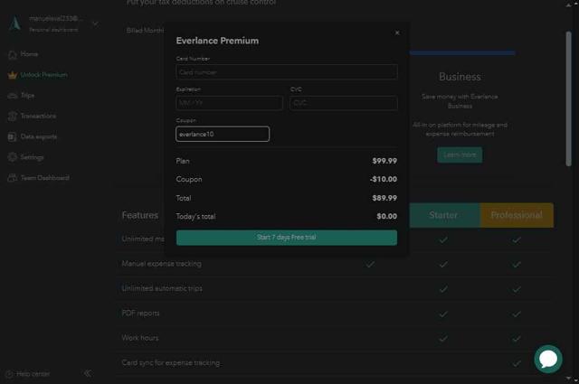 Everlance checkout page showing Everlance promo code box | Screenshot taken by SimplyCodes community member on Aug 5, 2025