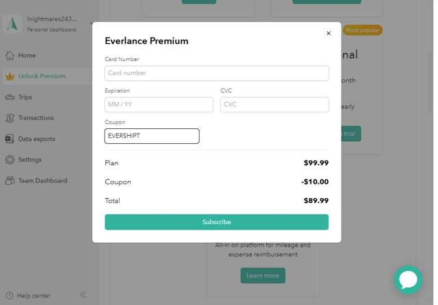 Everlance checkout page showing Everlance promo code box | Screenshot taken by SimplyCodes community member on May 11, 2025