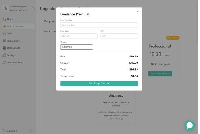 Everlance checkout page showing Everlance promo code box | Screenshot taken by SimplyCodes community member on Sep 5, 2025