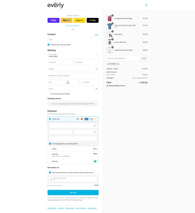Everly checkout page showing Everly promo code box | Screenshot taken by SimplyCodes community member on Sep 7, 2025