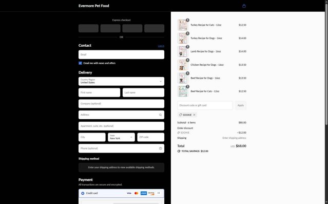 Evermore Pet Food checkout page showing Evermore Pet Food discount code box | Screenshot taken by SimplyCodes community member on Aug 26, 2025