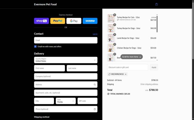 Evermore Pet Food checkout page showing Evermore Pet Food discount code box | Screenshot taken by SimplyCodes community member on Aug 26, 2025