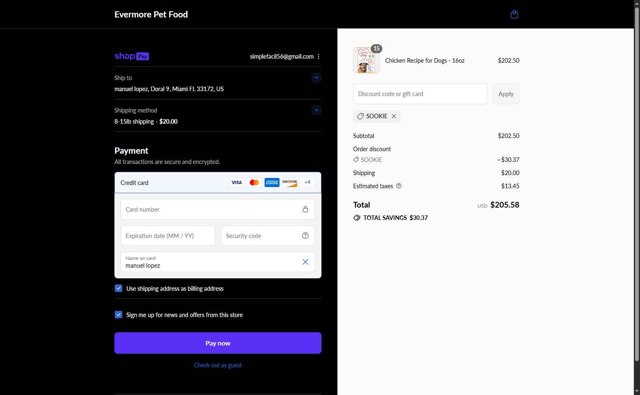 Evermore Pet Food checkout page showing Evermore Pet Food discount code box | Screenshot taken by SimplyCodes community member on Jul 28, 2025