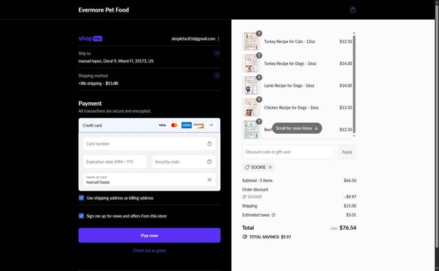 Evermore Pet Food checkout page showing Evermore Pet Food discount code box | Screenshot taken by SimplyCodes community member on Aug 26, 2025