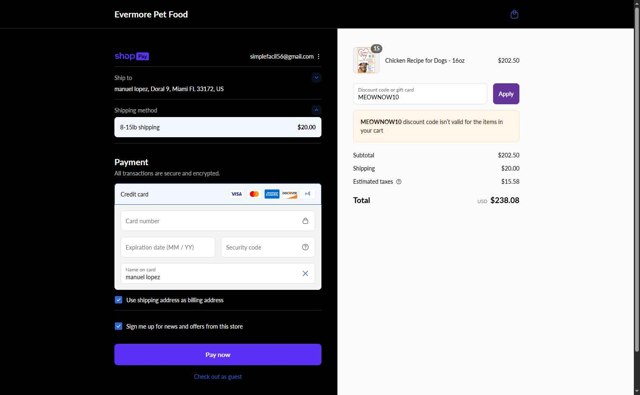 Evermore Pet Food checkout page showing Evermore Pet Food discount code box | Screenshot taken by SimplyCodes community member on Jul 28, 2025
