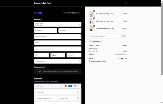 Evermore Pet Food checkout page showing Evermore Pet Food discount code box | Screenshot taken by SimplyCodes community member on Jul 28, 2025