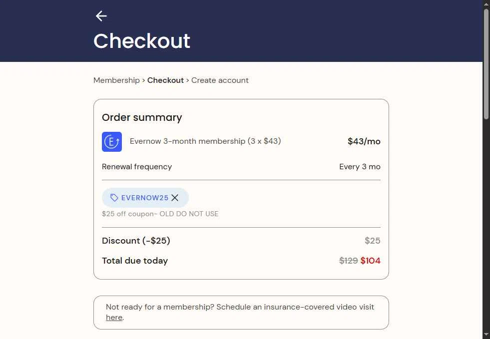 Evernow checkout page showing Evernow promo code box | Screenshot taken by SimplyCodes community member on Nov 19, 2025