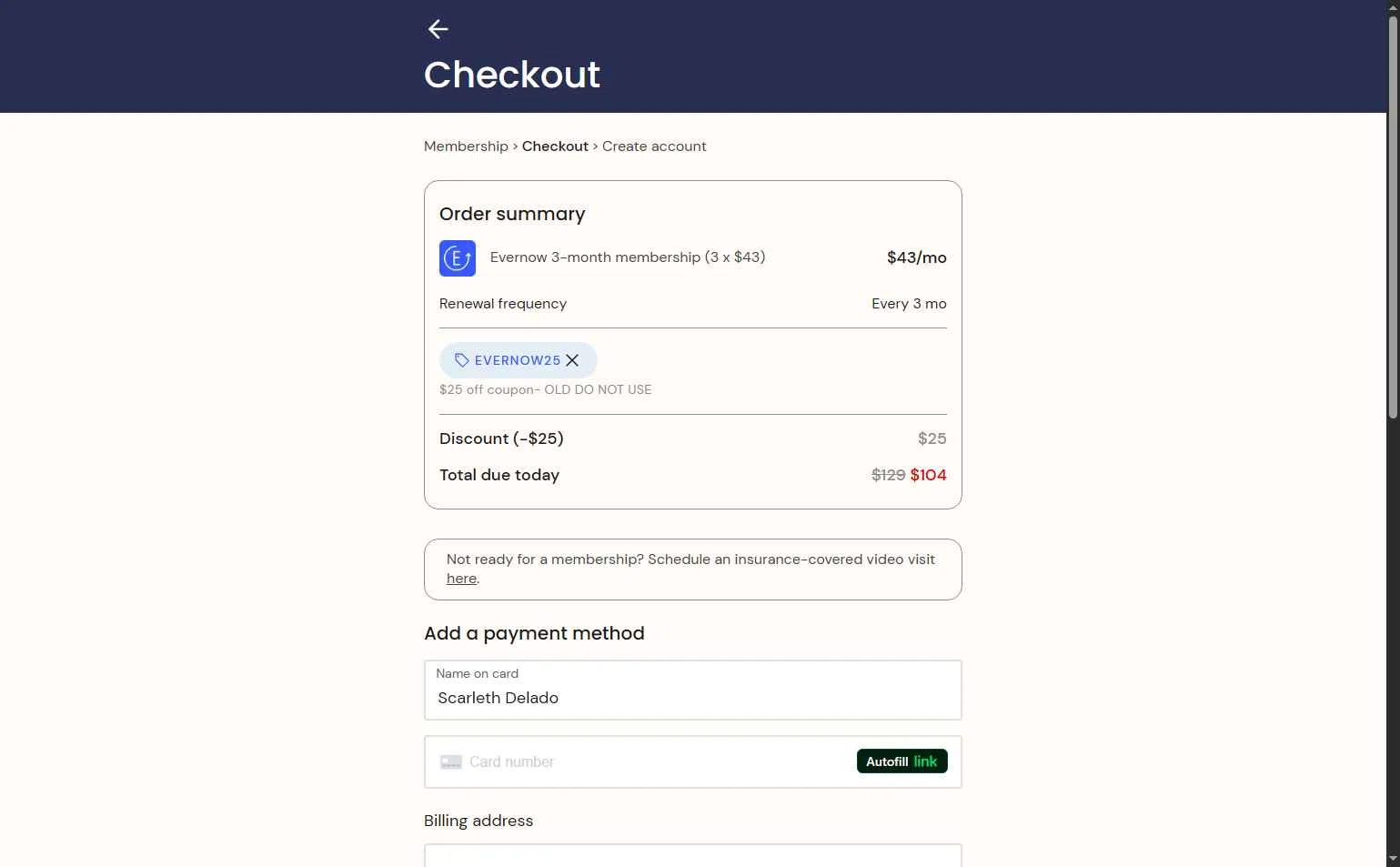 Evernow checkout page showing Evernow promo code box | Screenshot taken by SimplyCodes community member on Dec 18, 2025