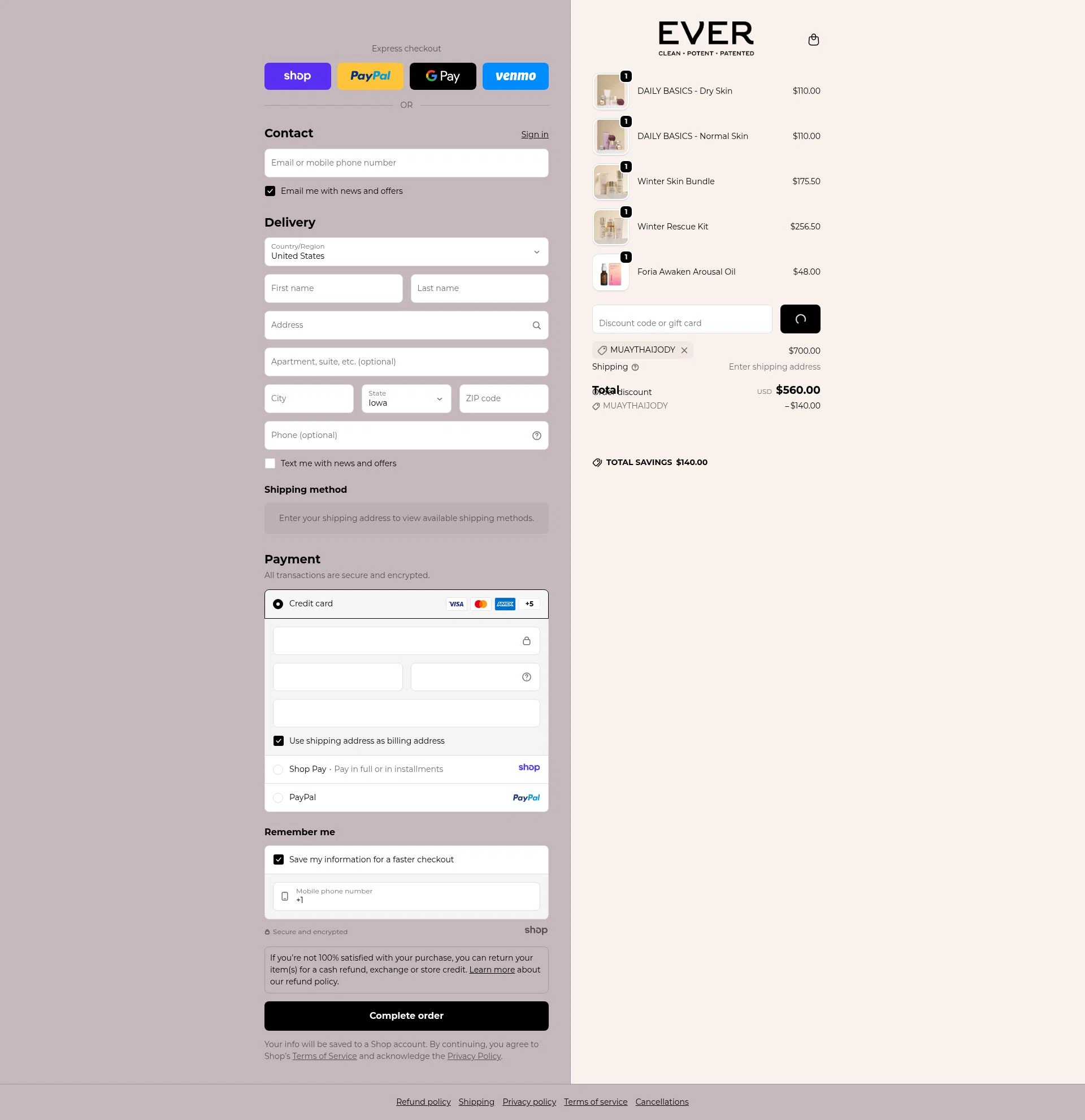 EVER Skincare checkout page showing EVER Skincare coupon code box | Screenshot taken by SimplyCodes community member on Dec 31, 2025