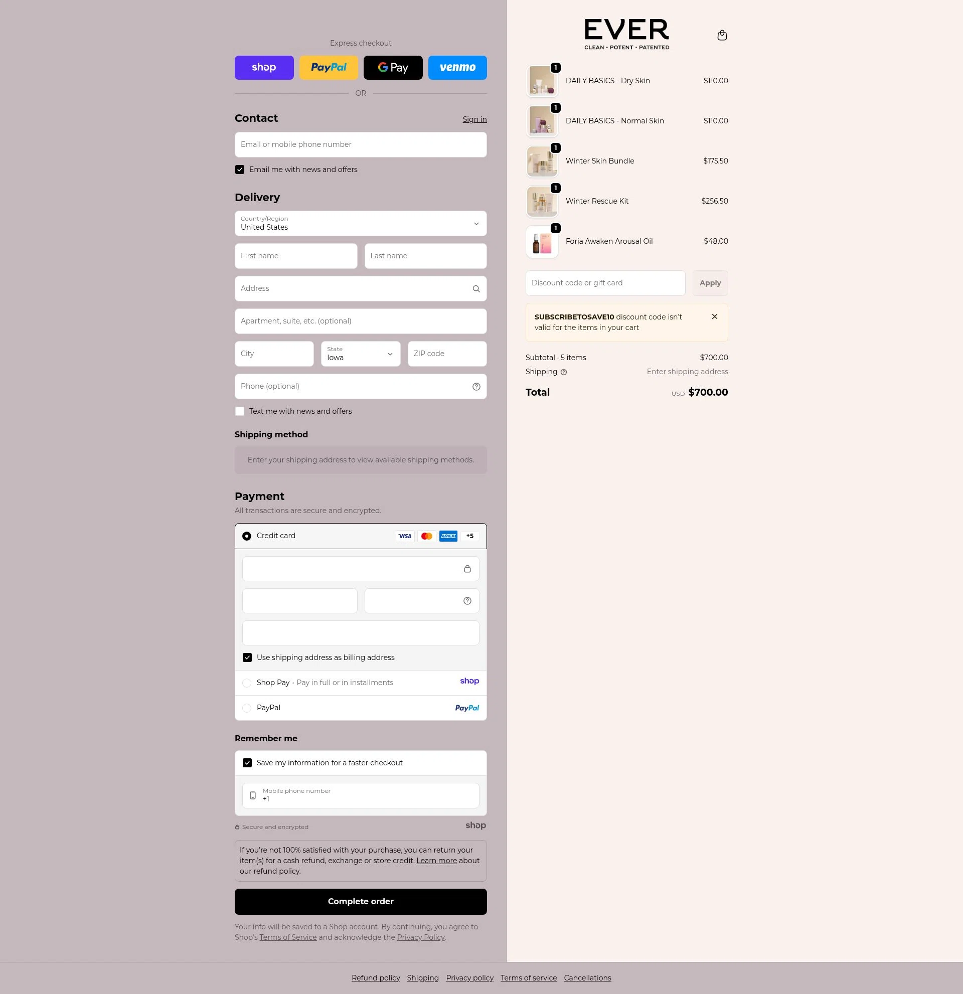 EVER Skincare checkout page showing EVER Skincare coupon code box | Screenshot taken by SimplyCodes community member on Dec 31, 2025