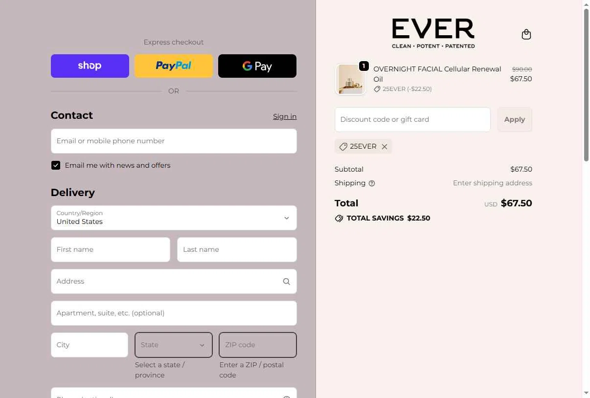 EVER Skincare checkout page showing EVER Skincare coupon code box | Screenshot taken by SimplyCodes community member on Dec 31, 2025