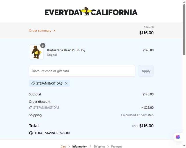 Everyday California checkout page showing Everyday California discount code box | Screenshot taken by SimplyCodes community member on Sep 14, 2025