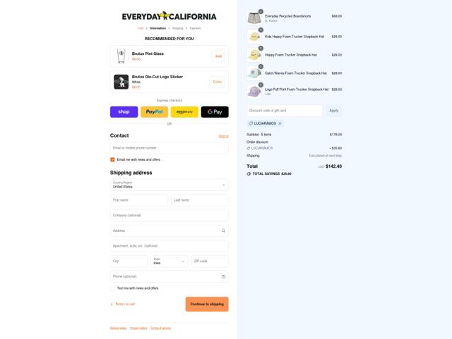 Everyday California checkout page showing Everyday California discount code box | Screenshot taken by SimplyCodes community member on Sep 14, 2025