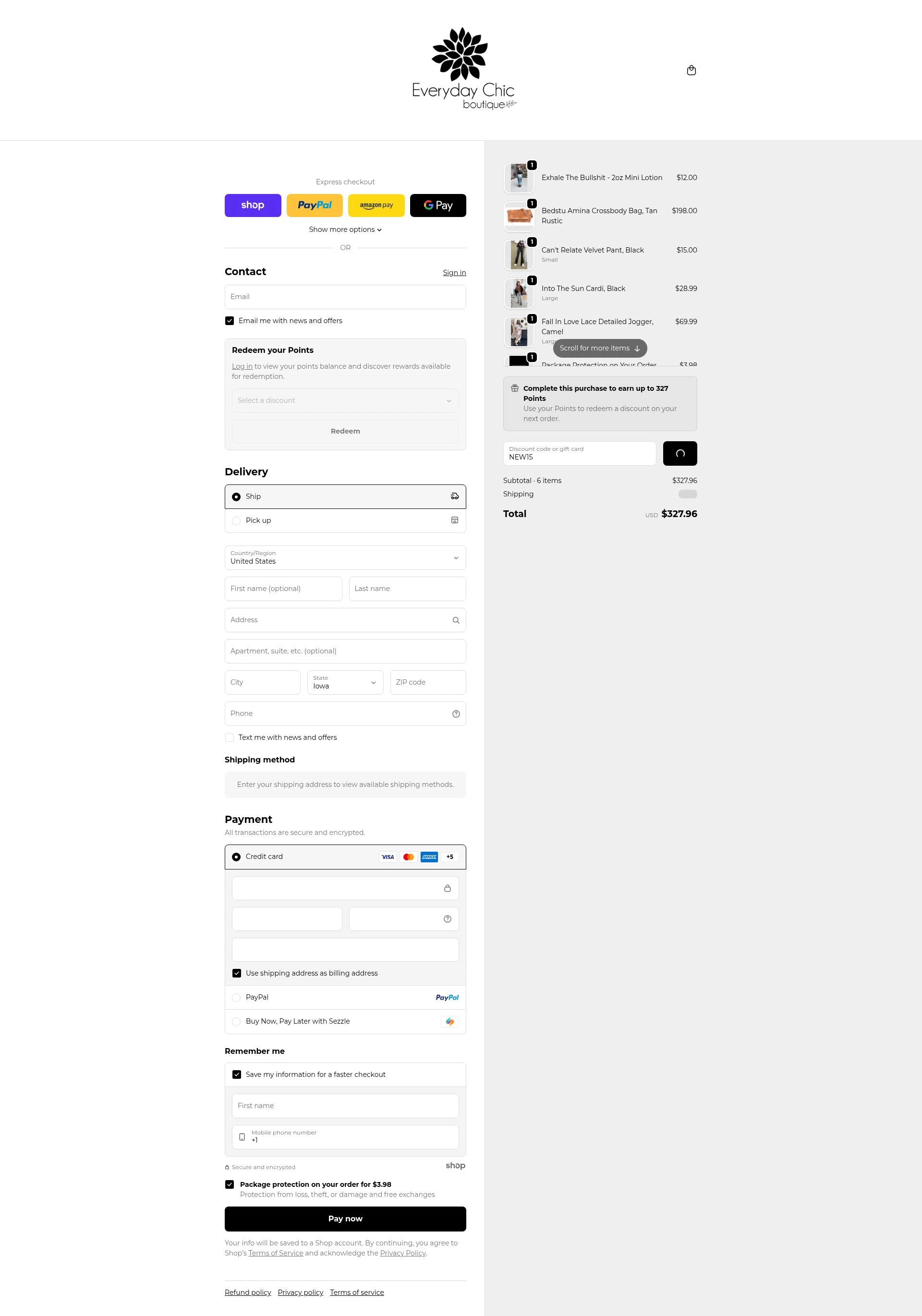 Everyday Chic Boutique checkout page showing Everyday Chic Boutique coupon code box | Screenshot taken by SimplyCodes community member on Jan 2, 2026