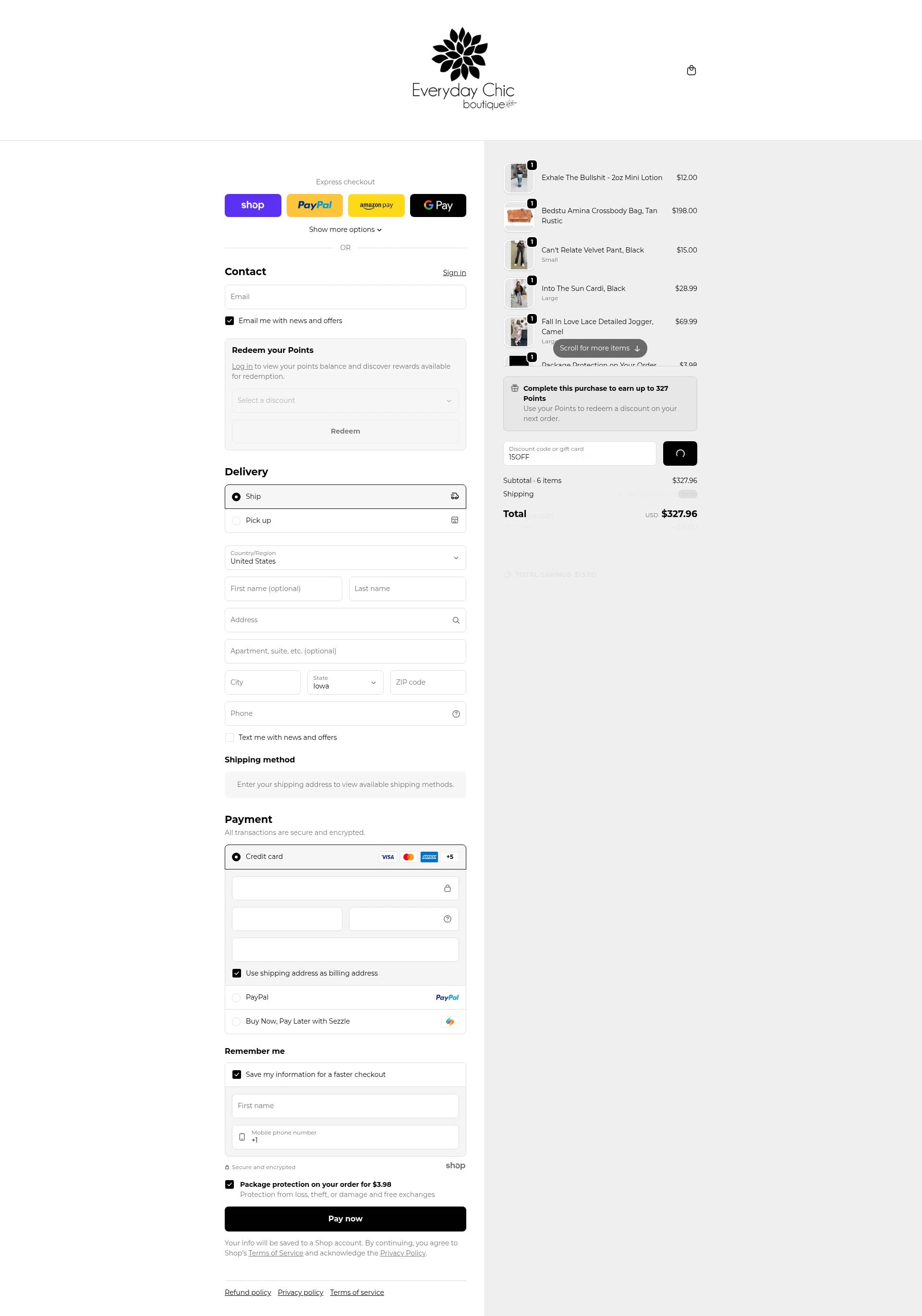 Everyday Chic Boutique checkout page showing Everyday Chic Boutique coupon code box | Screenshot taken by SimplyCodes community member on Jan 2, 2026