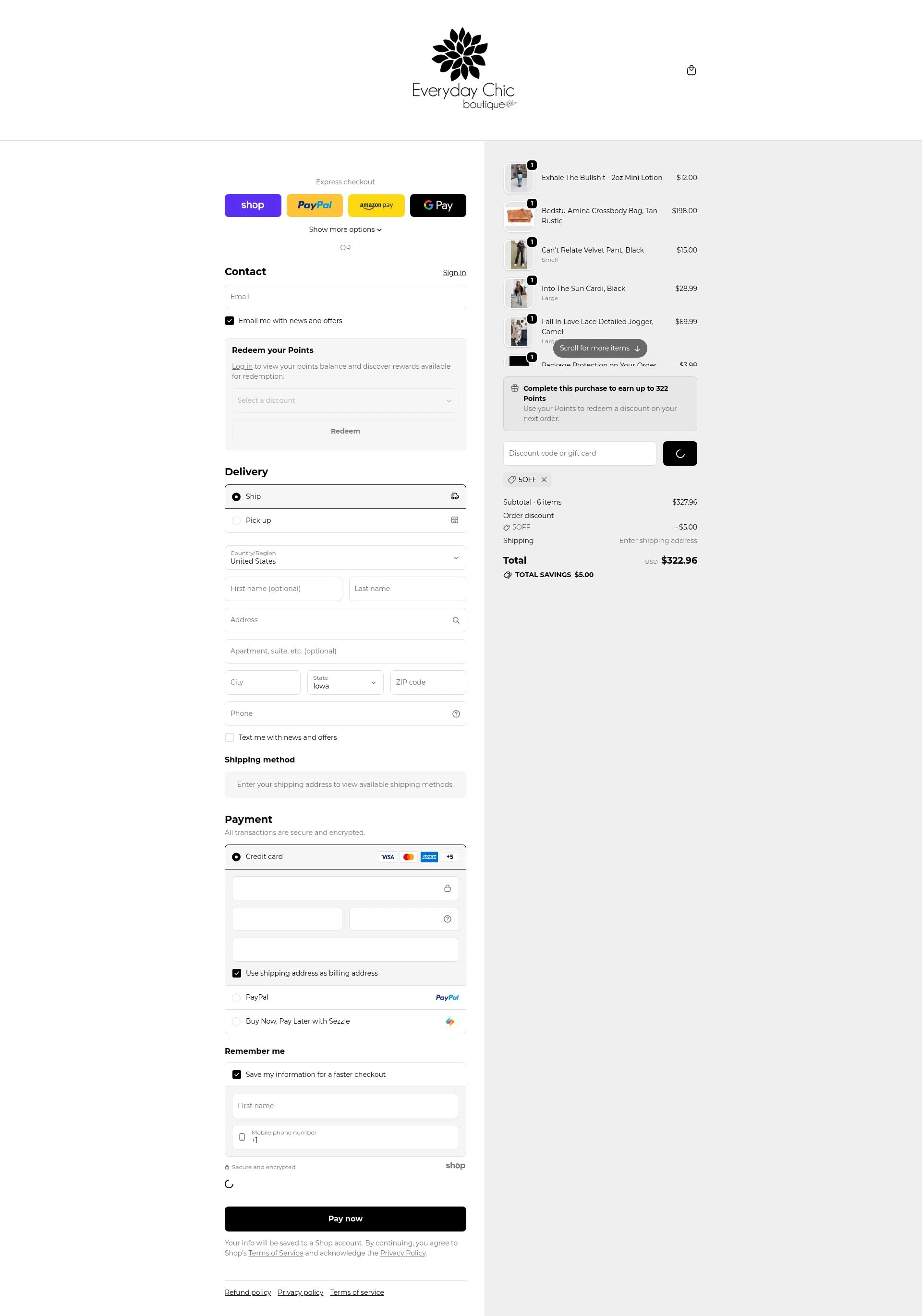 Everyday Chic Boutique checkout page showing Everyday Chic Boutique coupon code box | Screenshot taken by SimplyCodes community member on Jan 2, 2026